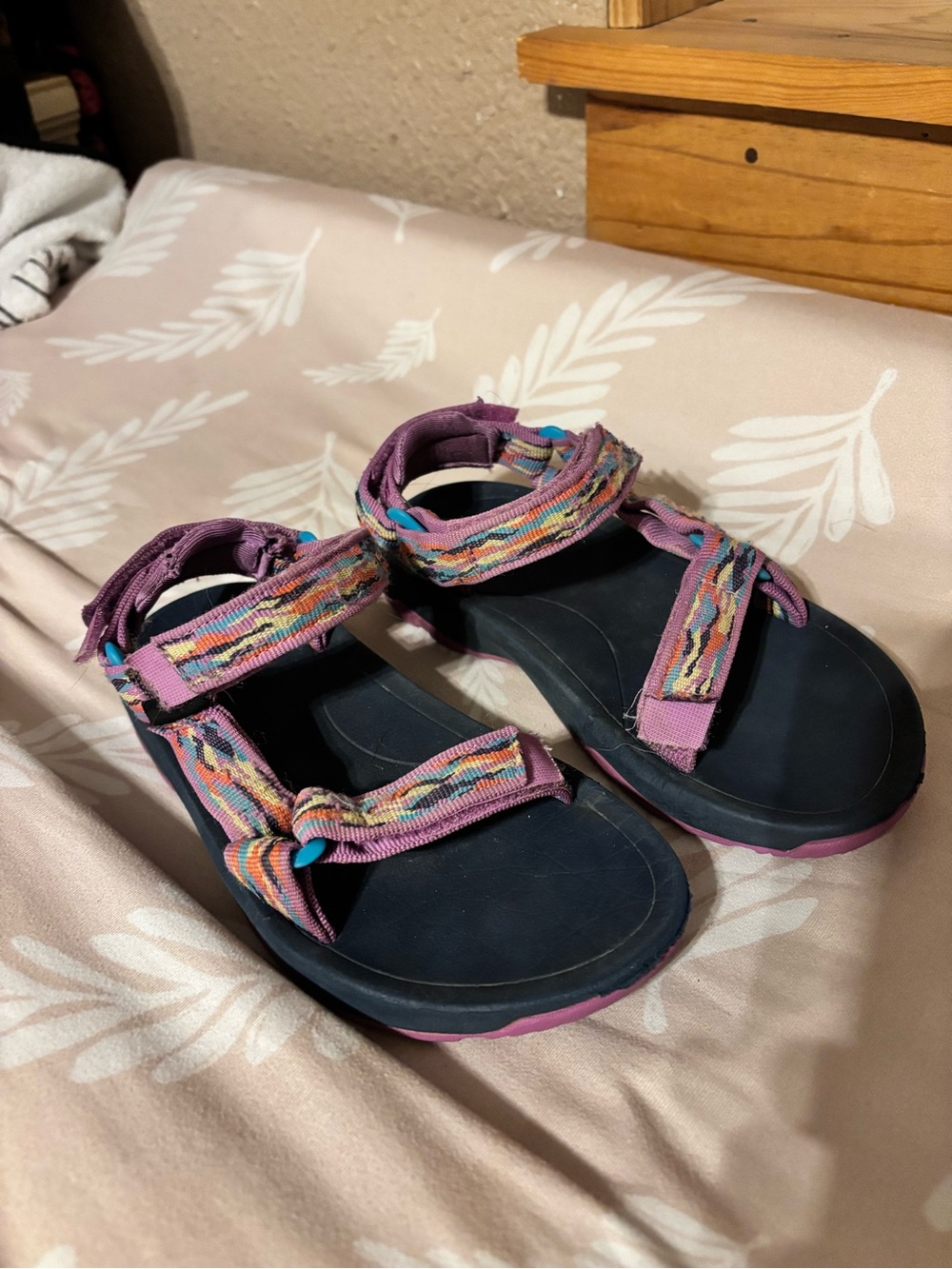 Kids Tevas Purple Strap Sandals with Multicolor Pattern